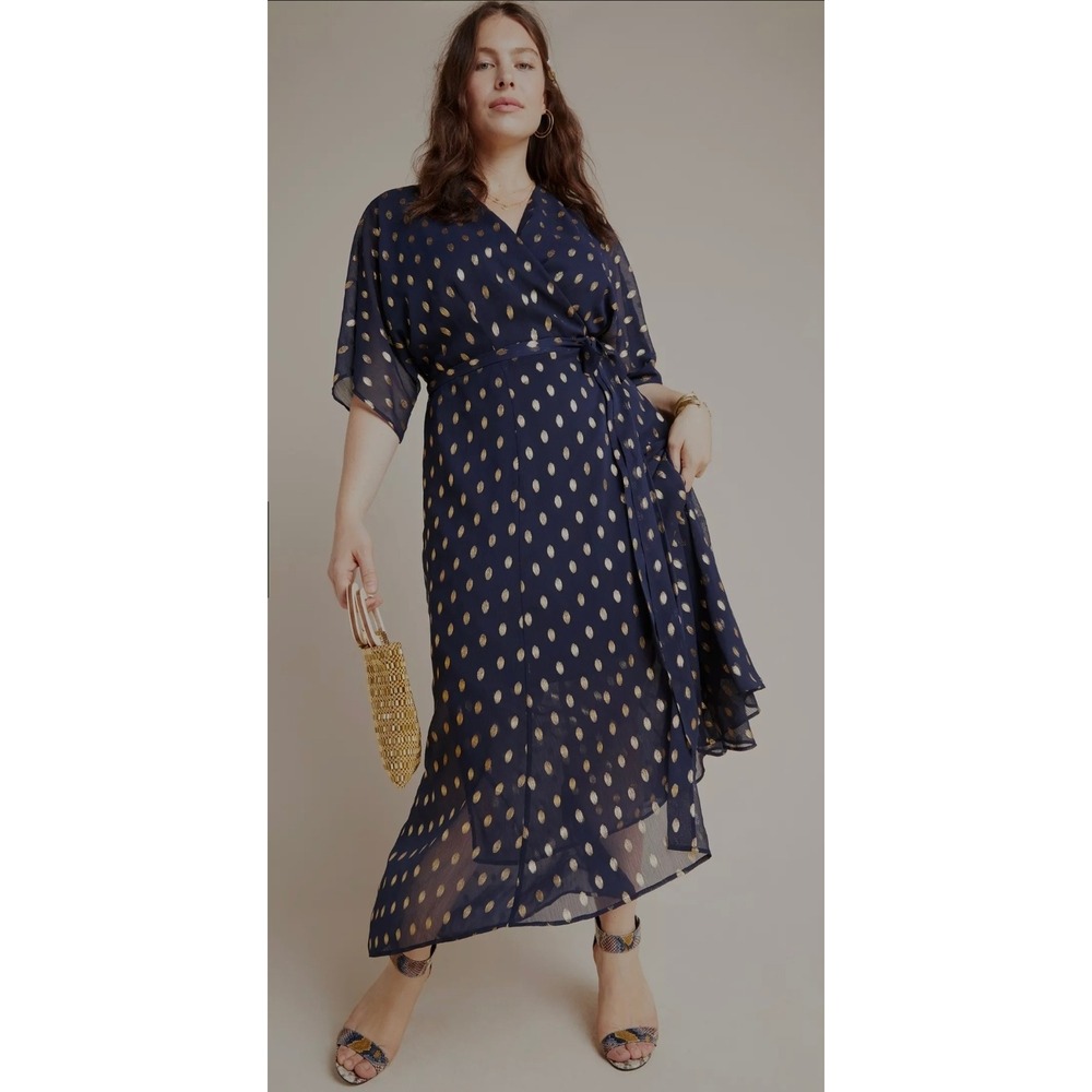 Hutch Anthropologie Navy Gold Foil Polka Dot Wrap Maxi Dress XS Loren